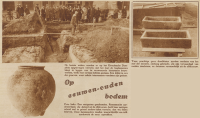 872847 Collage van 3 foto's betreffende de archeologische opgravingen op het Domplein te Utrecht, met linksboven een ...